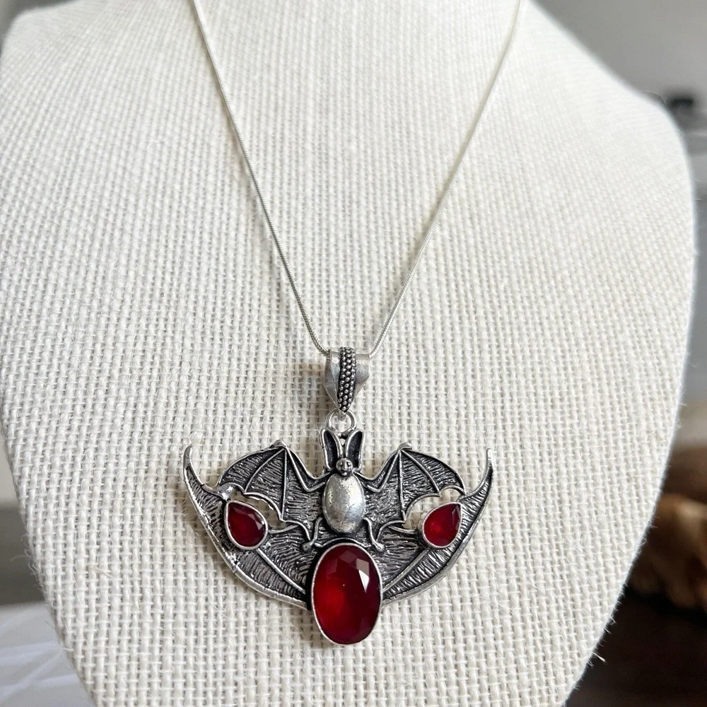 Garnet 925 Sterling Silver BAT Necklace Handmade Gemstone womens Jewelry goth